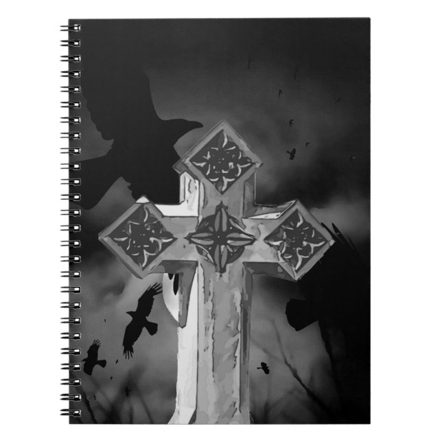 Moonlit GraveYard Gothic Cross With Crows Notebook (Front)