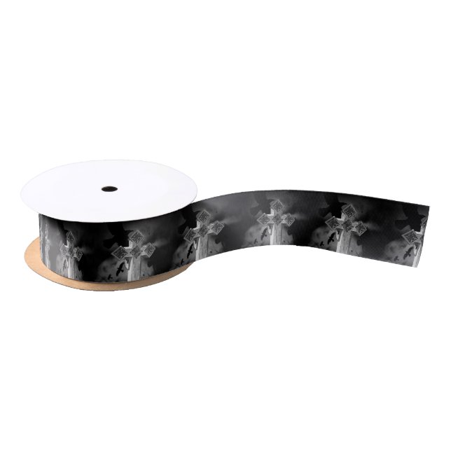 Moonlit GraveYard Gothic Cross With Crows Satin Ribbon (Spool)