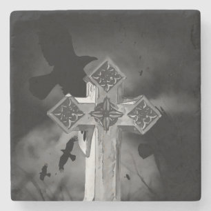 Moonlit GraveYard Gothic Cross With Crows Stone Coaster
