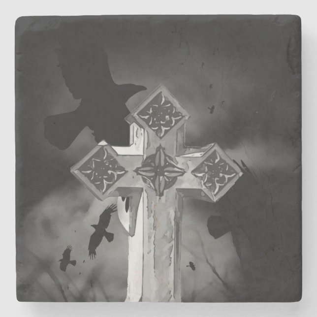 Moonlit GraveYard Gothic Cross With Crows Stone Coaster (Front)