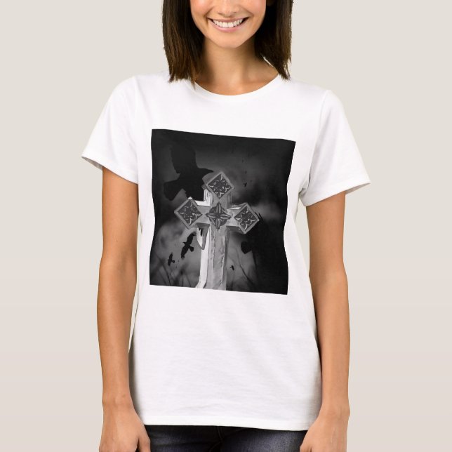 Moonlit GraveYard Gothic Cross With Crows T-Shirt (Front)