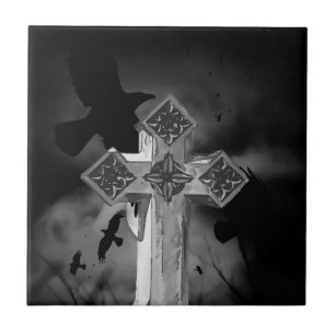 Moonlit GraveYard Gothic Cross With Crows Tile