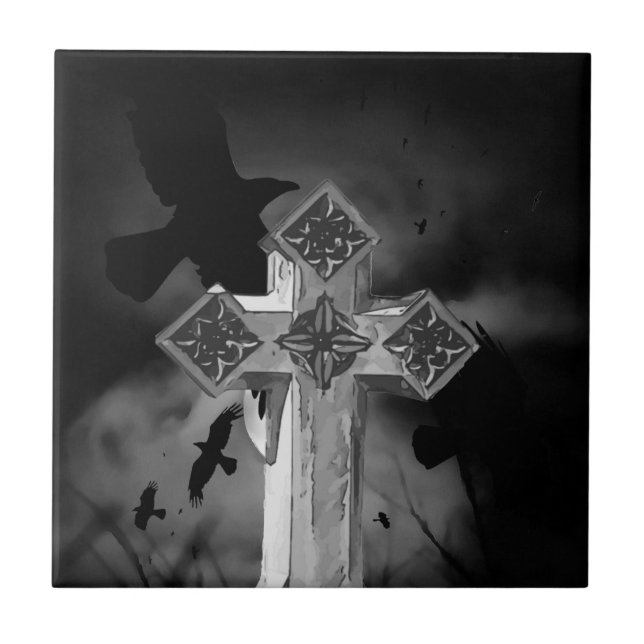 Moonlit GraveYard Gothic Cross With Crows Tile (Front)