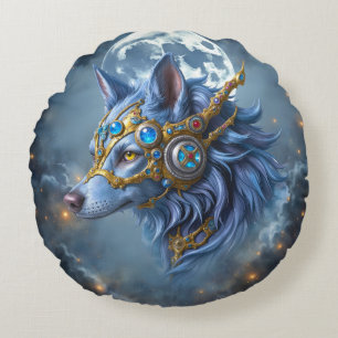 Moonlit Guardian of the Sapphire Veil. Round Pillow