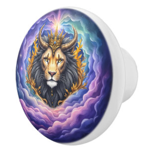 Moonlit Guardians – Cosmic lion. Ceramic Knob