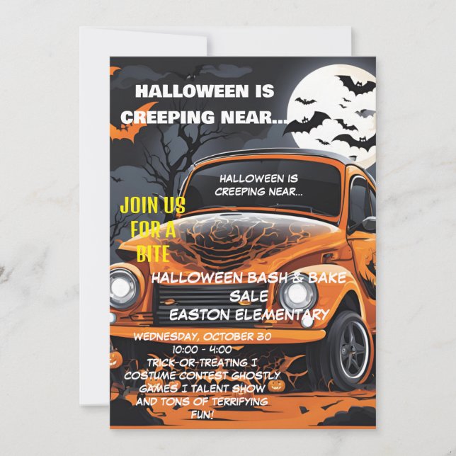 Moonlit Halloween Bash Invitation with Orange Car (Front)