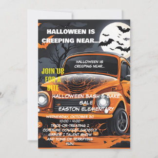 Moonlit Halloween Bash Invitation with Orange Car