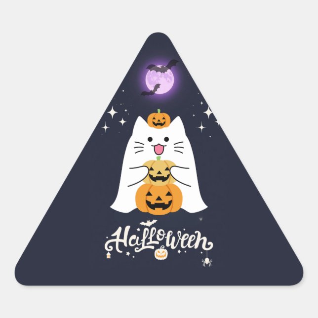Moonlit Halloween Cat – Spooky & Sweet Night Triangle Sticker (Front)