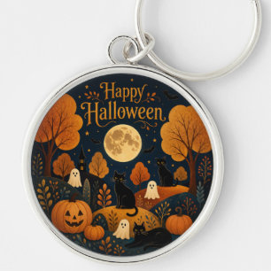 Moonlit Halloween Whiskers and Ghosts Keychain