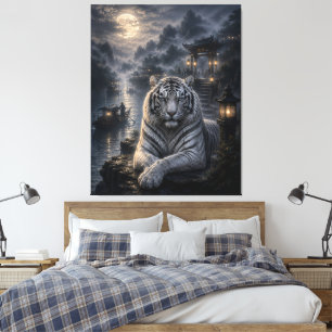 Moonlit Harbour Guardian   White Tiger Fantasy Art Canvas Print