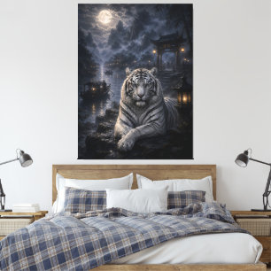 Moonlit Harbour Guardian   White Tiger Fantasy Art Canvas Print