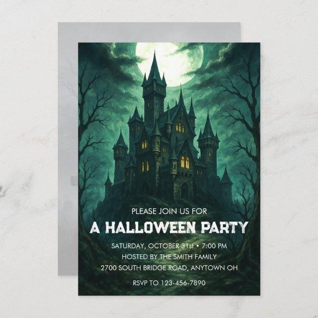 Moonlit Haunted Castle Halloween Party Invitation (Front/Back)