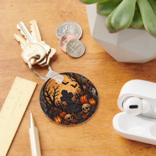 Moonlit Haunted Graveyard Gothic Halloween Cemeter Keychain