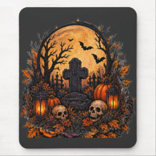 Moonlit Haunted Graveyard Gothic Halloween Cemeter Mouse Pad