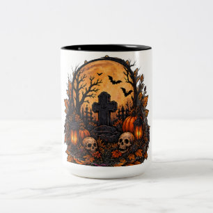 Moonlit Haunted Graveyard Gothic Halloween Cemeter Two-Tone Coffee Mug