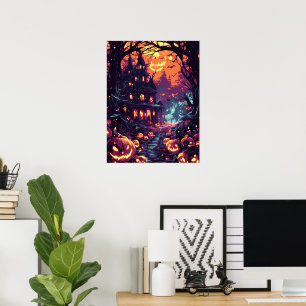 Moonlit Haunted House Pathway Poster