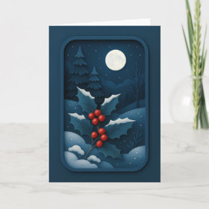 Moonlit Holly in Winter Forest Card