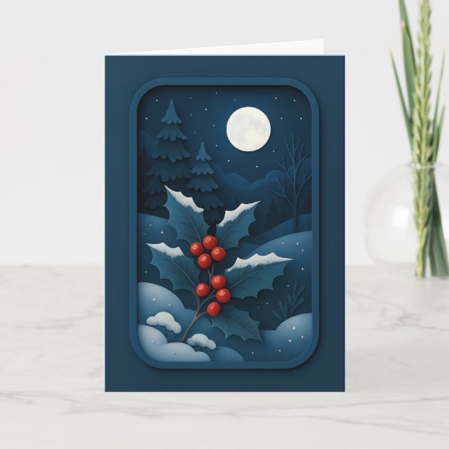 Moonlit Holly in Winter Forest Card (Front)