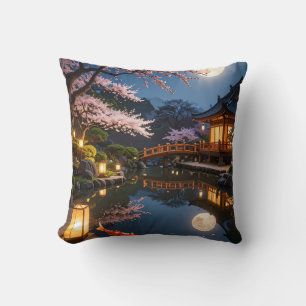 Moonlit Japanese Garden Throw Pillow