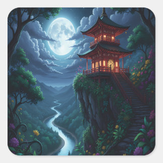 Moonlit Japanese Pagoda on a Cliff Square Sticker