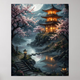 Moonlit Japanese Sakura Poster