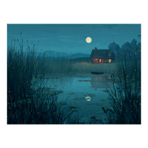 Moonlit Lake Cabin Serenity Art Poster