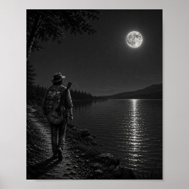 Moonlit Lakeside Wanderer Black and White Poster (Front)