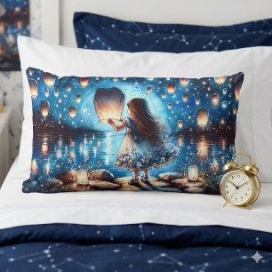 Moonlit Lantern Lake Girl Lumbar Pillow