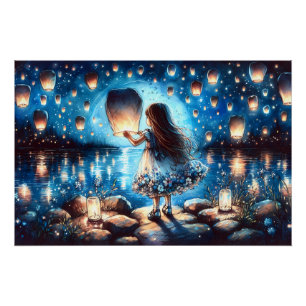 Moonlit Lantern Lake Girl Poster