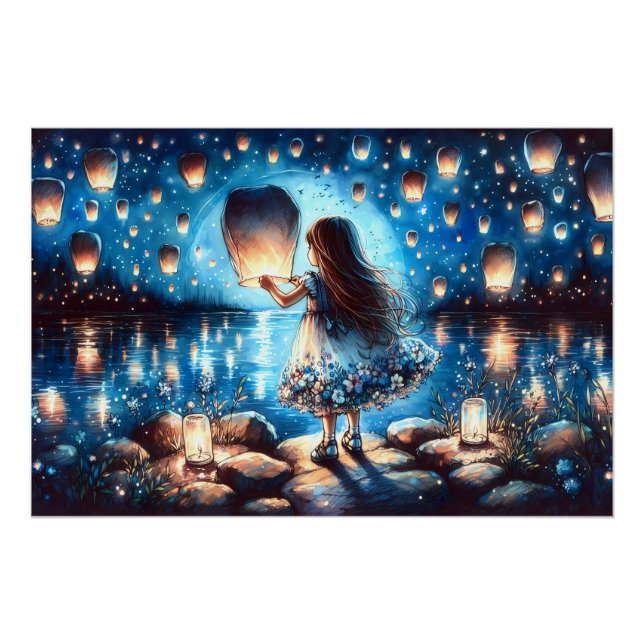 Moonlit Lantern Lake Girl Poster (Front)
