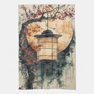 Moonlit Lantern Sumi-E Watercolor (2) Kitchen Towel