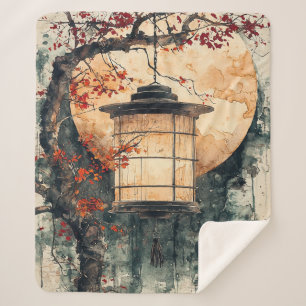 Moonlit Lantern Sumi-E Watercolor (2) Sherpa Blanket