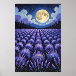 Moonlit Lavender Field Under Starry Night Sky Pain Poster