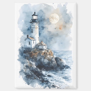 Moonlit Lighthouse on Rocky Coastline Magnet