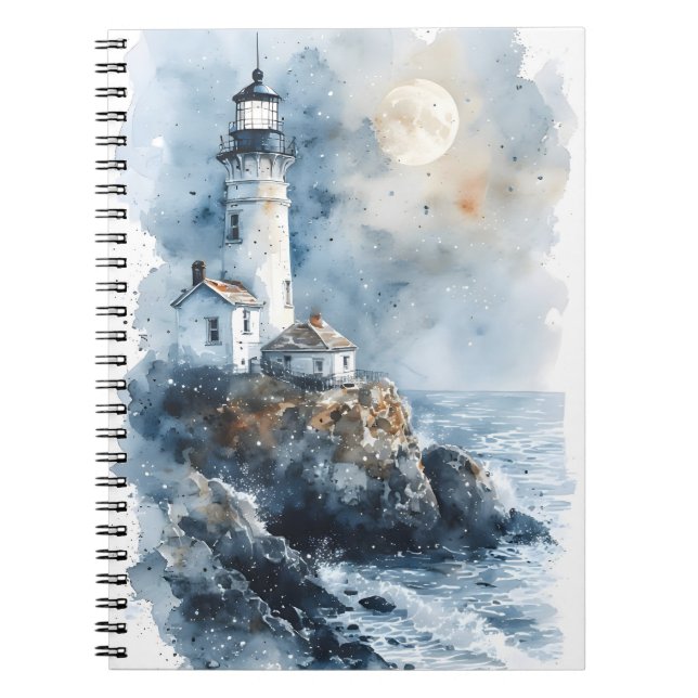 Moonlit Lighthouse on Rocky Coastline Notebook (Front)