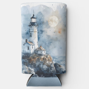 Moonlit Lighthouse on Rocky Coastline Seltzer Can Cooler