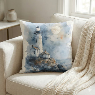 Moonlit Lighthouse on Rocky Coastline Throw Pillow