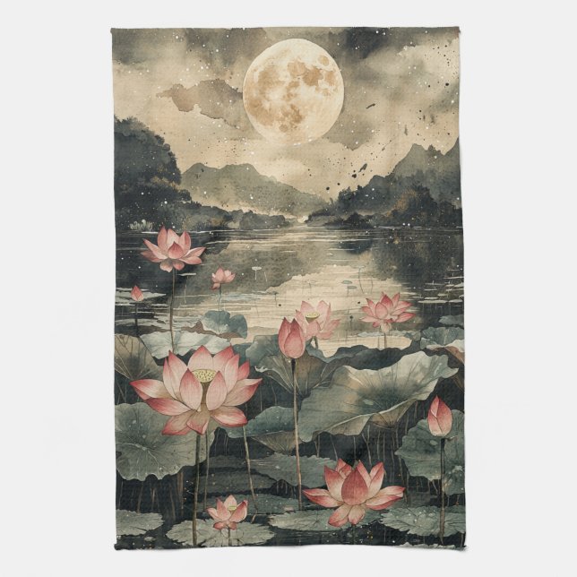 Moonlit Lotus Lake (1) Kitchen Towel (Vertical)