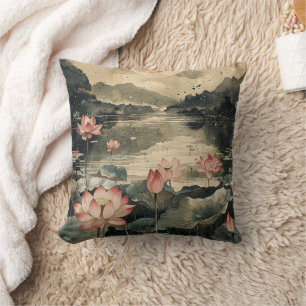 Moonlit Lotus Lake (1) Throw Pillow