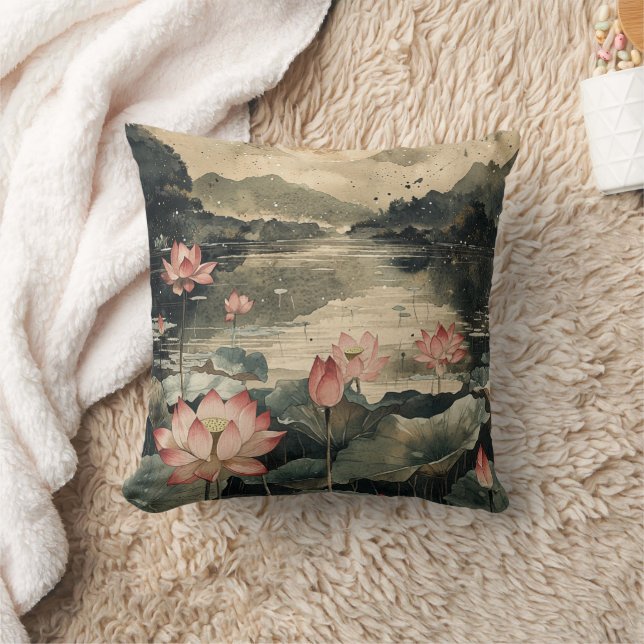 Moonlit Lotus Lake (1) Throw Pillow (Blanket)