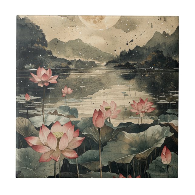 Moonlit Lotus Lake (1) Tile (Front)