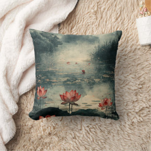 Moonlit Lotus Lake (2) Throw Pillow