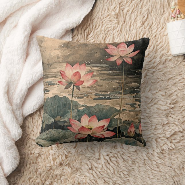 Moonlit Lotus Lake (3) Throw Pillow (Blanket)