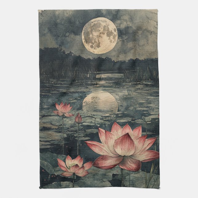 Moonlit Lotus Lake (4) Kitchen Towel (Vertical)