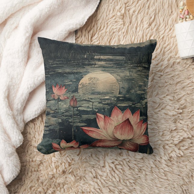 Moonlit Lotus Lake (4) Throw Pillow (Blanket)
