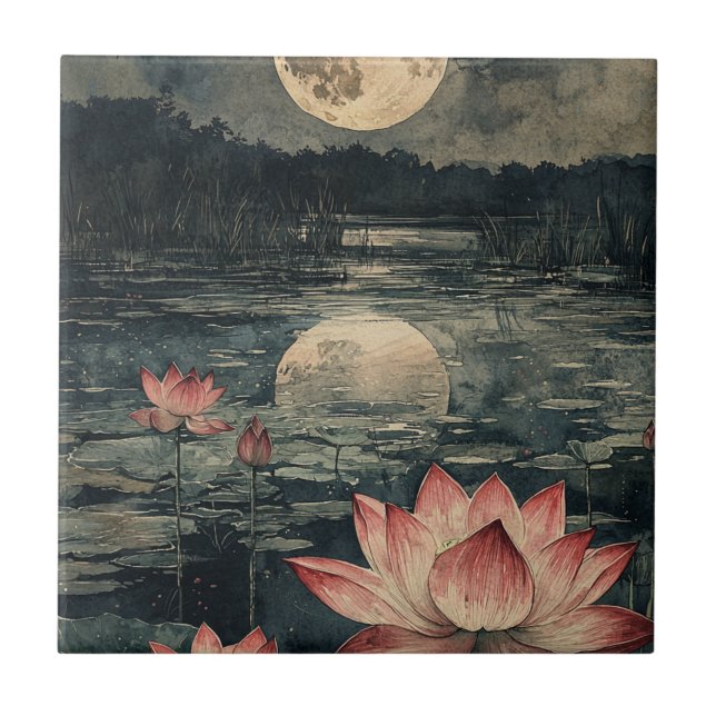 Moonlit Lotus Lake (4) Tile (Front)