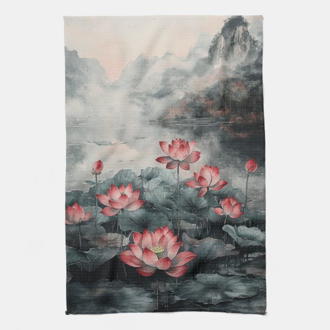 Moonlit Lotus Lake (5) Kitchen Towel (Vertical)