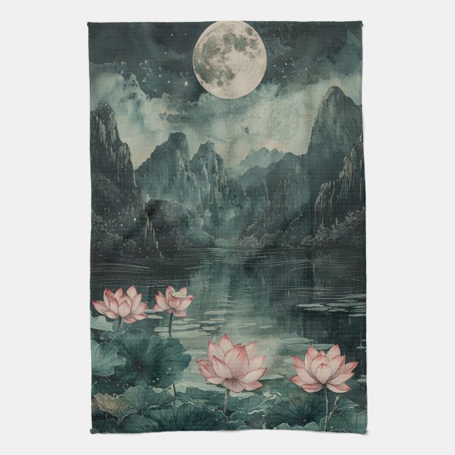 Moonlit Lotus Lake (8) Kitchen Towel (Vertical)