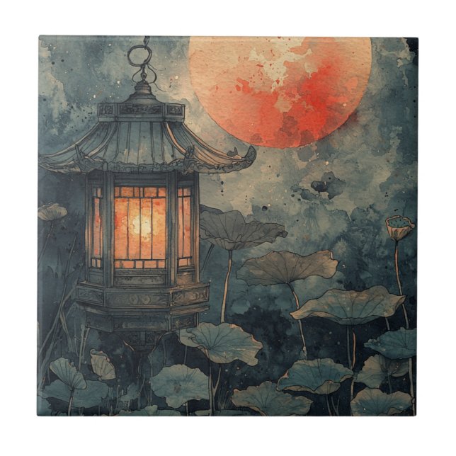 Moonlit Lotus Lantern Watercolor Tile (Front)