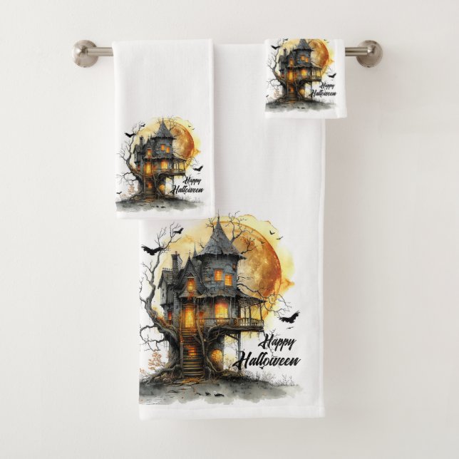 Moonlit Manor – Halloween Greetings in Shadow Bath Towel Set (Insitu)